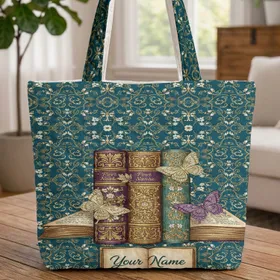 Ornate Book Spines Butterflies - Personalized Gift for Book Lovers Quilted Tote Bag