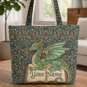 Majestic Mint Green Dragon Antique Book Personalized Botanical - Medieval Fantasy Gift Quilted Tote Bag