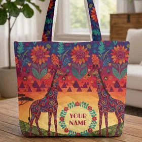 Giraffes Sunflowers Acacia Tree Sunset with Name - Folk Art Wildlife Lover Gift Quilted Tote Bag