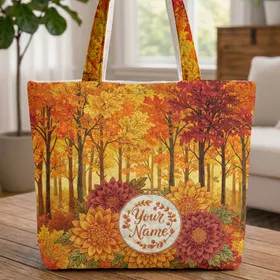 Autumn Forest Flowers Personalized Embroidery - Fall Season Gift Quilted Tote Bag