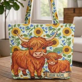Highland Cow Sunflowers Bellflowers Rolling Hills - Farmhouse Decor Cow Lover Gift Quilted Tote Bag