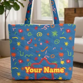 Starburst Wavy Lines Name Star Patch Chunky Bubble Letters - Everyday Tote Quilted Tote Bag