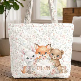 Bunny Fox Bear Cubs Wildflower Wreath Personalized - New Parent Gift Quilted Tote Bag