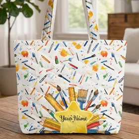 Personalized School Supplies Pencils Rulers Paintbrushes - Back to School Student Gift Quilted Tote Bag