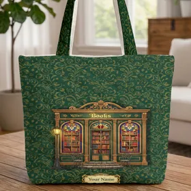 Ornate Bookstore Facade Gold Botanical Leaves - Reader Gift Quilted Tote Bag