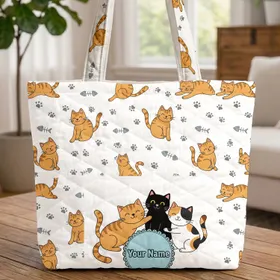 Cartoon Cats Paw Prints Fish Skeletons Your Name Tag - Cat Lover Gift Quilted Tote Bag