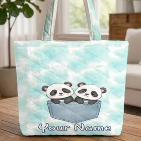 Cartoon Baby Pandas Peeking Denim Pocket - Animal Lover Gift for Kids Quilted Tote Bag