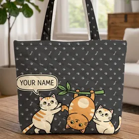 Playful Cartoon Cats Paw Prints Fish Bones - Cat Lover Pet Parent Gift Quilted Tote Bag