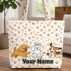 Cartoon Dog Paw Print Bones Personalized Name - Dog Lover Everyday Tote Quilted Tote Bag