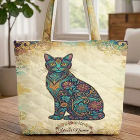 Regal Cat Art Nouveau Floral Botanical Scroll - Cat Lover Gift Quilted Tote Bag