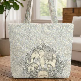 Ornate Indian Elephant Family Paisley - Boho Lifestyle Gift for Elephant Lover Quilted Tote Bag