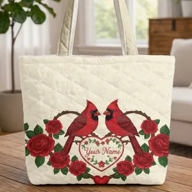 Cardinal Couple Red Roses Heart Personalized Love Gift for Couples Quilted Tote Bag