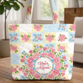 Wavy Border Checkerboard Cherry Blossom Blue Flower Floral Bouquet - Everyday Gift Quilted Tote Bag