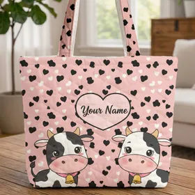 Cow Spots Hearts Personalized Cartoon Cows - Everyday Carry Cow Lover Gift Quilted Tote Bag