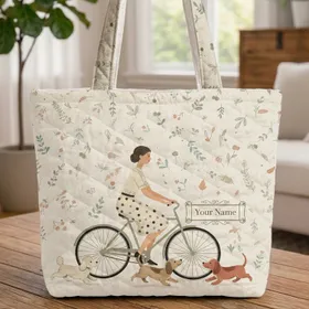 Elegant Woman Vintage Bicycle Puppies Wildflowers - Puppy Lover Gift Quilted Tote Bag
