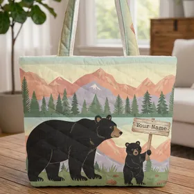 Black Bears Mountain Landscape Personalized Name - Wildlife Lover Gift Quilted Tote Bag