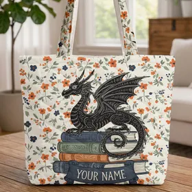Ornate Black Dragon Vintage Books Floral - Storybook Fantasy Lover Quilted Tote Bag