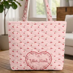 Scattered Red Cherries Heart Your Name Monogram - Everyday Use Accessory Gift Quilted Tote Bag