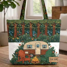 Vintage Camper Trailer Adirondack Chairs Forest Landscape Outdoor Adventure Gift for Camping Lover Quilted Tote Bag