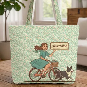 Woman Bicycle Border Collie Distressed Wood Sign Travel Essentials Gift for Dog Lovers Quilted Tote Bag
