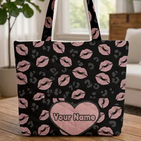Pink Kiss Mark Leopard Spots Heart - Personalized Everyday Accessory Gift for Her Quilted Tote Bag