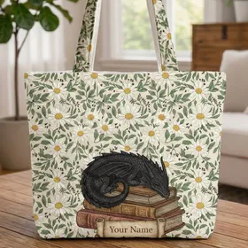 Black Dragon Books Wild Daisy Flowers - Personalized Reader Gift for Book Lovers Quilted Tote Bag