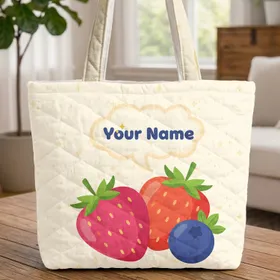 Pink Strawberry Red-Orange Strawberry Blue Blueberry Cloud Stars Sparkles Leaves - Everyday Carryall Quilted Tote Bag