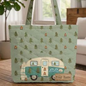 Camper Van Pine Tree Campfire Ocean Waves Camping Lover Gift Quilted Tote Bag