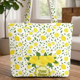 Scattered Lemons Green Leaves Personalized Name - Botanical Lover Everyday Gift Quilted Tote Bag