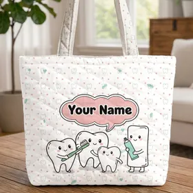 Cartoon Tooth Brushing Characters - Dental Care Gift for Kids Quilted Tote Bag