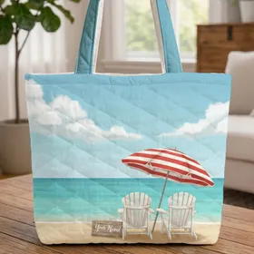 Personalized Weathered Sign Beach Chairs Umbrella - Tranquil Ocean Summer Vacation Gift Quilted Tote Bag
