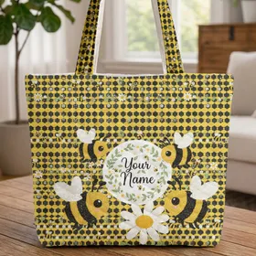 Personalized Name Bumblebee Daisy Honeycomb Floral Wreath - Everyday Custom Gift Quilted Tote Bag