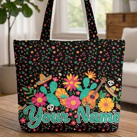 Chili Pepper Cactus Sombrero Floral Personalized Name - Fiesta Celebration Gift Quilted Tote Bag