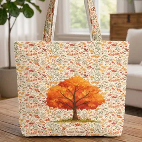 Autumn Tree Fall Leaves Berries Grassy Patch Delicate Branches Floral Wreath - Autumn Season Gift Quilted Tote Bag