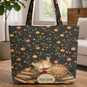 Tabby Cat Books Apple Falling Fruit Flowers - Reading Lover Gift Quilted Tote Bag