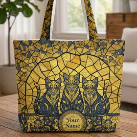 Abstract Mosaic Stained Glass Cats Medallion with Geometric Shapes - Cat Lover Gift Quilted Tote Bag