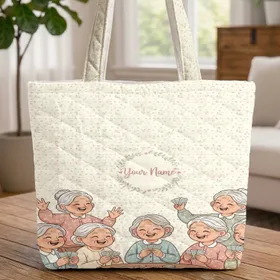 Six Cheerful Women Playing Cards Floral Polka Dot - Friends Card Game Gift Quilted Tote Bag