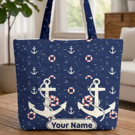Personalized Anchors Life Preservers Nautical - Boating Trip Gift for Boat Lover Quilted Tote Bag