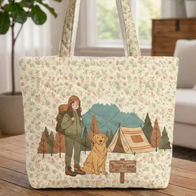 Hiker Golden Retriever Camping Personalized Sign - Outdoor Adventure Gift for Dog Lover Quilted Tote Bag
