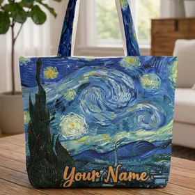 Starry Night Village Cypress Tree - Art Lover Everyday Tote Gift Quilted Tote Bag