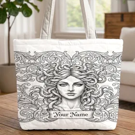 Medusa With Writhing Snakes Serpentine Acanthus Scrollwork - Mythology Lover Gift Quilted Tote Bag