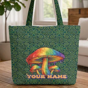 Melting Rainbow Mushroom Organic Swirls Chunky Bubble Letters - Mushroom Fan Gift Quilted Tote Bag
