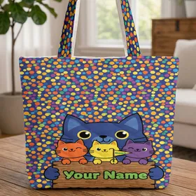 Playful Cats Colorful Shapes Name Flag Bubble Letters - Cat Lover Everyday Gift Quilted Tote Bag