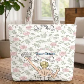 Young Woman Wedding Gown Peace Sign Bridal Bouquet - Wedding Gift for Bride Quilted Tote Bag