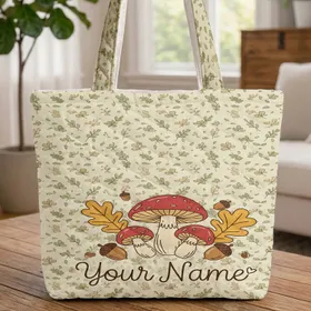 Mushroom Oak Leaf Acorn - Woodland Nature Lover Gift with Your Name Quilted Tote Bag