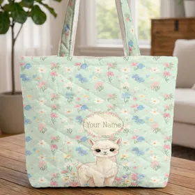 Baby Alpaca Wildflower Name Wreath Personalized Gift for Alpaca Lover Quilted Tote Bag