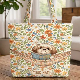 Shih Tzu Dog Reading Books Wildflower - Personalized Dog Lover Bookworm Gift Quilted Tote Bag