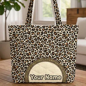 Leopard Spots Name Medallion Everyday Tote Travel Essentials Birthday Gift Leopard Lover Quilted Tote Bag