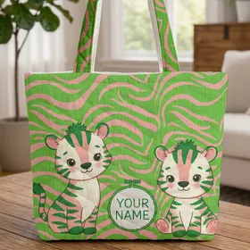 Green Pink Striped Baby Zebra Tiger Hybrids - Animal Lover Gift Quilted Tote Bag