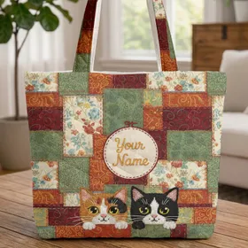 Calico Black White Cats Patchwork Hoop Frame - Cat Lover Bag Gift Quilted Tote Bag
